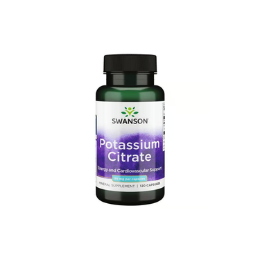 A bottle of Swanson Potassium Citrate 99 mg with 120 capsules, formulated to support energy and cardiovascular health.